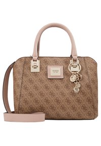 Brązowa torebka w wzory z różowymi skórzanymi akcentami, z podwójnymi uchwytami, odczepianym paskiem na ramię oraz złotymi detalami.