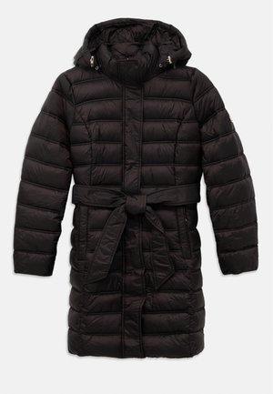 Black quilted puffer coat with hood and belt tied at the waist, long sleeves, and horizontal stitching details.