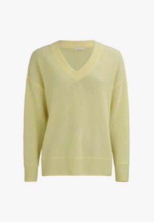 Lichtgele lange mouw gebreide trui met V-hals en geribbelde boorden en zoom, getoond op een effen witte achtergrond.