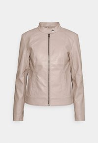 Giacca in pelle rosa chiaro con colletto alto, chiusura con cerniera frontale e due tasche laterali. Presenta dettagli con cuciture sulle spalle.