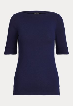 Temno modra kratka oprijeta majica z manšetami na rokavih in okroglim izrezom, znamke Lauren Ralph Lauren.