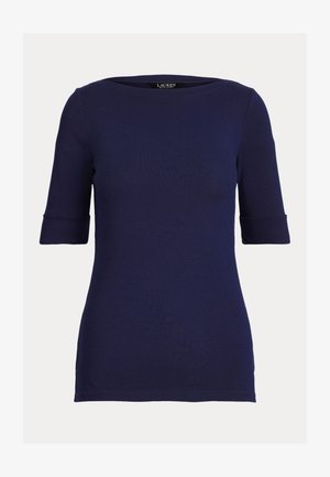 Temno modra kratka oprijeta majica z manšetami na rokavih in okroglim izrezom, znamke Lauren Ralph Lauren.