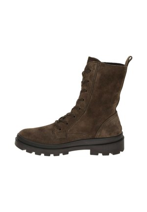 Dark brown suede lace-up combat boot with thick black rubber sole and pull tab at the back shown in side view on white background.