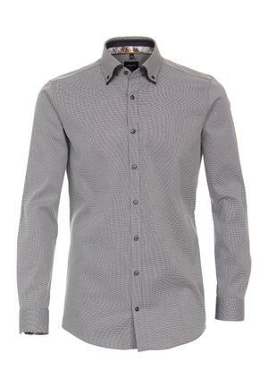 Langærmet grå skjorte med knapper, med diskret tekstureret mønster og blomsterdetaljer på indre krave og manchetter, klassisk pasform.