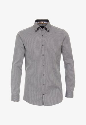 Langärmliges graues Hemd mit Knopfleiste, dezent strukturiertem Muster und floralem Innenkragen sowie Manschettendetail, klassische Passform.