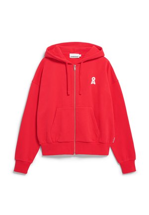 Rode hoodie met rits, gemaakt van een katoenmix, met een capuchon met trekkoord, steekzakken aan de voorkant en een wit logo-accent op de linkerborst.
