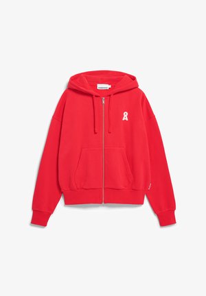 Rode hoodie met rits, gemaakt van een katoenmix, met een capuchon met trekkoord, steekzakken aan de voorkant en een wit logo-accent op de linkerborst.