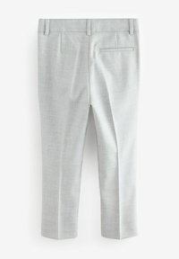 Pantaloni tagliati grigi chiari, realizzati in un tessuto liscio, dotati di una tasca posteriore, pieghe sul davanti e un design a gamba dritta.