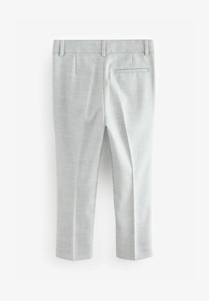 Jasnoszare spodnie wizytowe, wykonane z gładkiego materiału, z tylną kieszenią, plisami z przodu oraz prostym krojem nogawki.