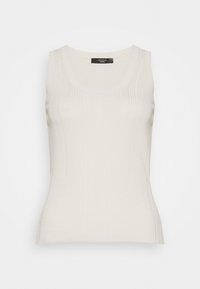 Haut sans manches en maille côtelée crème avec encolure dégagée et silhouette ajustée, présenté sur un fond blanc uni.