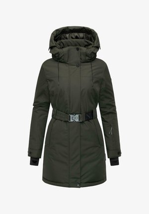 Green padded coat with a high collar, adjustable drawstrings, a belted waist, and zippered side pockets. Features a smooth outer texture.