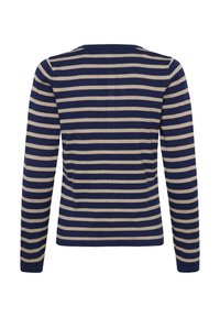 Langärmliges Oberteil mit horizontalen Streifen in Marineblau und Beige, mit Rundhalsausschnitt und einfachem Design sowie weicher Textur.