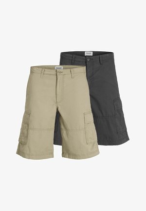 Beidņu garuma šorti bēšā un tumši pelēkā krāsā. Izgatavoti no kokvilnas, ar diviem sānu kabatām un pastiprinātu šuvju. Taisna piegriezuma ar ceļa garuma apmalēm.