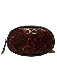 Astuccio cosmetico a motivo rosso e nero con finitura lucida e testurizzata, forma ovale, dettagli in oro e cerniera con tirazip.