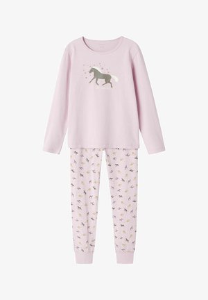 Light pink pajama set featuring a long-sleeve top with a horse graphic and the text "Be fearless," paired with patterned pants depicting horses.