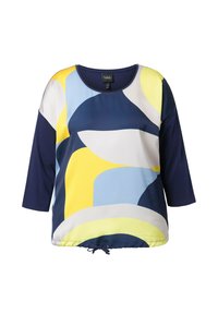 Blouse ample avec manches trois-quarts bleu marine, encolure ronde, motif géométrique abstrait jaune, bleu, blanc et bleu marine, lien de réglage à l'ourlet.
