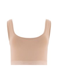 Nude crop top BH lavet af blødt stof, med firkantet halsudskæring, brede stropper og et mærket elastisk bånd i bunden.