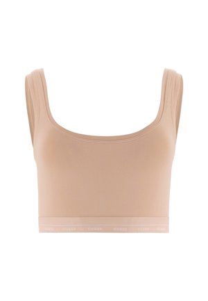 Soutien-gorge crop top nude en tissu doux, avec un décolleté carré, des bretelles larges et une bande élastique contrastante à la base.