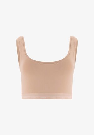 Soutien-gorge crop top nude en tissu doux, avec un décolleté carré, des bretelles larges et une bande élastique contrastante à la base.