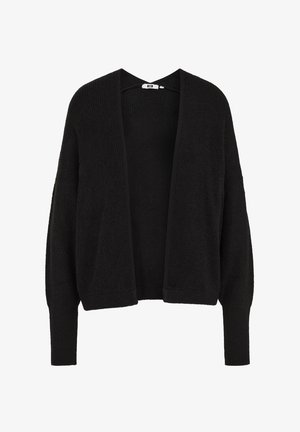 Schwarzer Cardigan mit offenem Vorderteil, Stricktextur, lange Ärmel, lockere Passform, schlichtes Design ohne zusätzliche Muster oder Verzierungen.