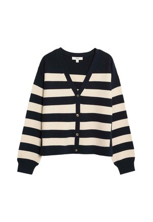 Marineblauwe en crèmekleurige gestreepte cardigan met een V-hals, knoopsluiting en lange mouwen. Zacht gebreid materiaal met een relaxed fit.