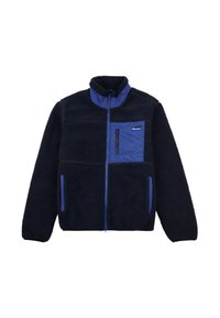 Fleecejacke in Marineblau mit einer kontrastierenden hellblauen, mit Reißverschluss versehenen Brusttasche, zwei Fronttaschen, hohem Kragen und weicher Textur.