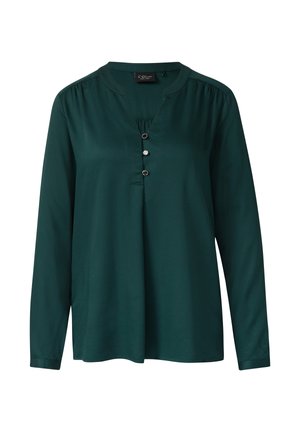 Waldgrünes Langarmbluse mit ausgeschnittenem Hals, drei Knöpfen und Raffungen an den Schultern. Glatter Stoff mit lockerer Passform.