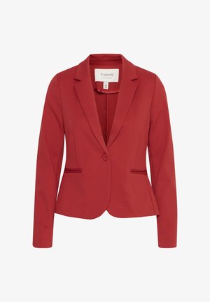 Czerwona, dopasowana damska marynarka z klapami z wycięciem, pojedynczym zapięciem na guzik i kieszeniami z patką, rozmiar 36.