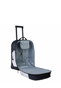 Maleta con ruedas de exterior blanco y negro, asa retráctil, interior gris y bolsillo de malla. Cuenta con correas cruzadas para un embalaje seguro.