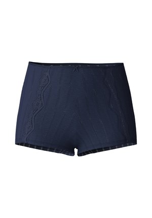 Marineblauwe katoenen boxershorts met gestructureerde strepen en kantaccenten aan de voorkant. Zachte tailleband met een klein lintdetail.