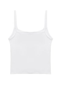 Camiseta de algodón blanco con tirantes finos, que presenta una textura suave y un diseño ajustado. Sin adornos ni patrones.