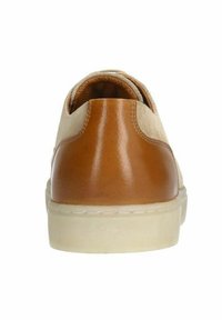 Brown leather heel with tan fabric upper, smooth texture, rubber outsole, contrasting stitching, and rounded shape. Suitable for casual wear.