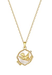 Gold chain necklace with round pendant featuring a gold bird holding a small flower in its beak against a white background.