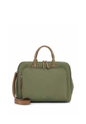 Oliiviroheline portfell pruunide nahkkäepidemete ja eemaldatava õlarihmaga, eesmine lukuga tasku ja hõbedase kaubamärgi logoga detail.