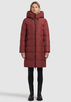 Maroon puffer coat with a high collar and large hood, featuring a full front zipper and side pockets. The fabric has a smooth texture.