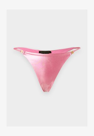 Bas de bikini métallique rose brillant avec de fines bretelles latérales réglables et une petite ornement doré de chaque côté.