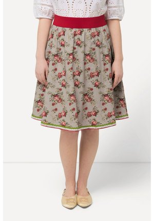 Beige A-lijn rok met rode bloemen, een brede rode tailleband en contrasterende afwerking. Materiaal lijkt glad met een lichte textuur.