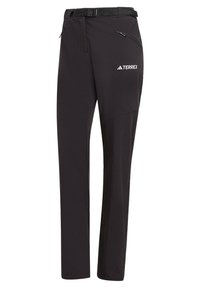 Mustat ulkohousut, joissa on vetoketjullinen tasku, säädettävä vyö ja kapeaksi suippeneva muotoilu, valmistettu kevyestä ja joustavasta materiaalista.