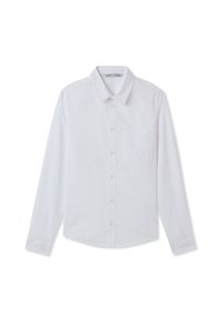 Camicia bianca a maniche lunghe con bottoni realizzata in tessuto liscio, con colletto classico, taschino frontale e orlo curvo.