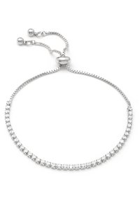 Silver bracelet featuring a flexible chain and adjustable attachment. It has clear, square-cut stones neatly set along the band.