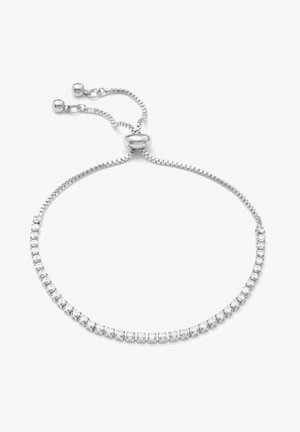 Sidabrinis apyrankė su lanksčia grandinėlė ir reguliuojamu tvirtinimu. Apyrankėje tvarkingai išdėstyti aiškūs, kvadratiniai akmenukai.