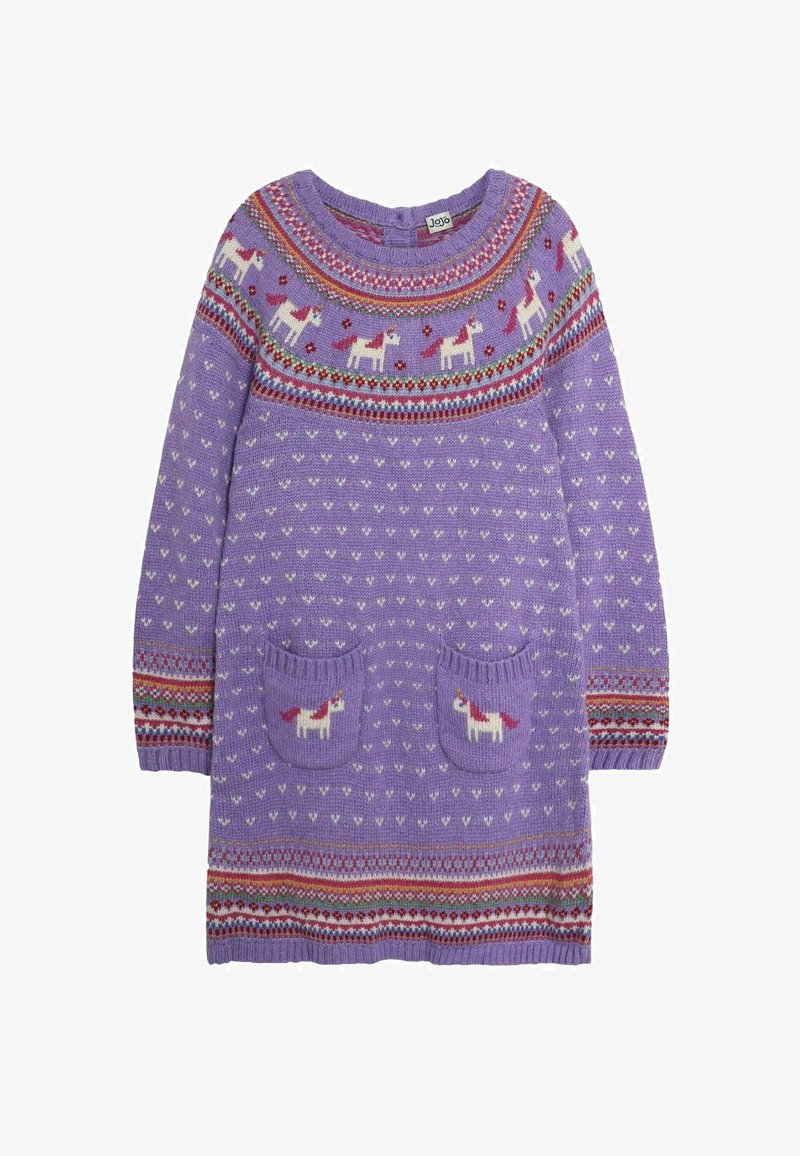 Lilla kudumine kleit, millel on ümmargune kaelus, pikad varrukad, ükssarvikute motiivid taskutes ning mustrilised triibud kaeluse ja ääre ümber.