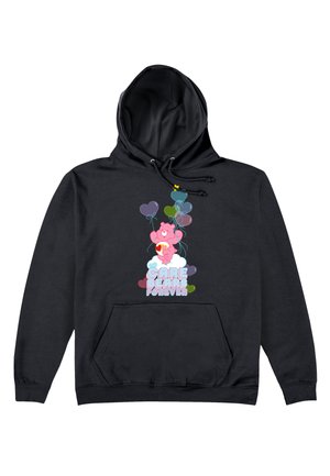 Czarna bluza z kapturem z grafiką różowego misia z balonami i chmurami, z napisem "CARE BEARS FOREVER" w pastelowych kolorach, z przednią kieszenią.