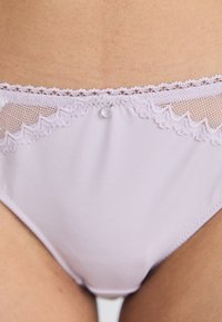 Lila bikini slip met kantafwerking en gaasdetails aan de tailleband, voorzien van een kleine decoratieve edelsteen aan de achterkant. Soepele textuur.