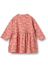 Rochie pentru toddler cu mâneci lungi, imprimeu floral roz, talie adunată și decolteu rotund, prezentată din spate pe un fundal alb.