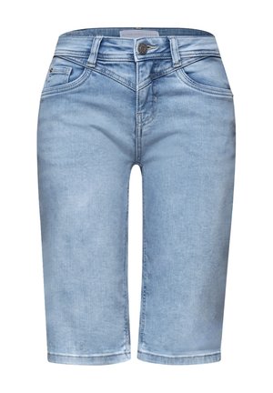 Lyseblå denim knælange shorts med forreste knap, lynlås, bæltestropper og for- og baglommer.