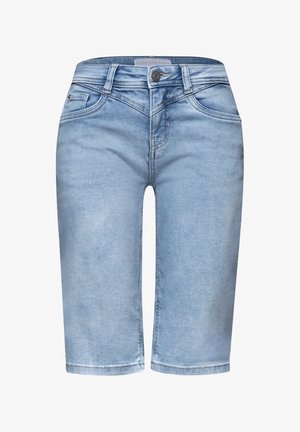 Lyseblå denim knælange shorts med forreste knap, lynlås, bæltestropper og for- og baglommer.