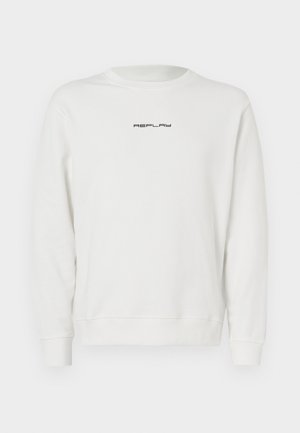 Sweatshirt branco feito de algodão, com um decote redondo, punhos canelados e um pequeno logótipo preto "REPLAY" no peito. Textura suave e corte descontraído.