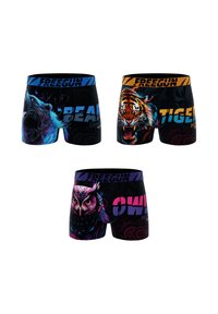 Caleçons boxers colorés avec des motifs d'animaux : ours, tigre et hibou. Base noire avec des accents bleus, orange et violets. Taille élastique douce.