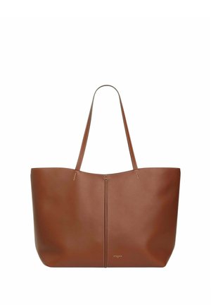Brown leather tote bag with two long handles and a central vertical seam on a white background.